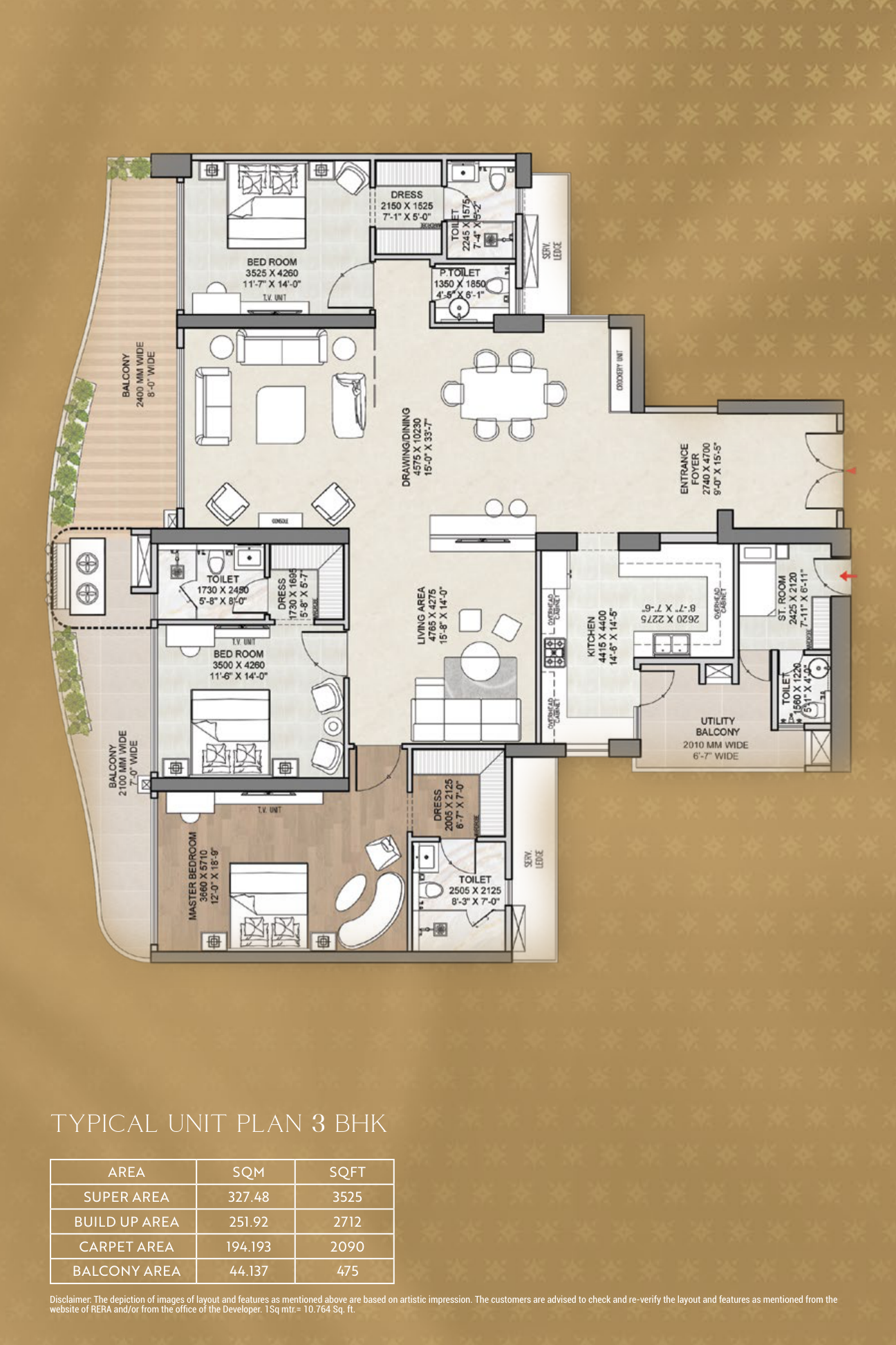 3 BHK + Staff Unit Floor Plan Diagram